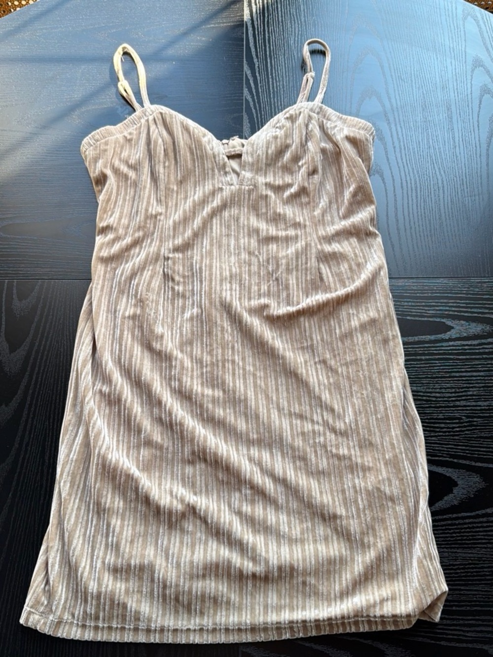 Beige Striped Velvet Cami Dress Top